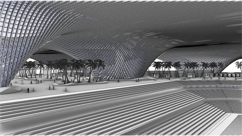 Interior view of the ribbed undulating roof canopy above a striped plaza floor with palm trees