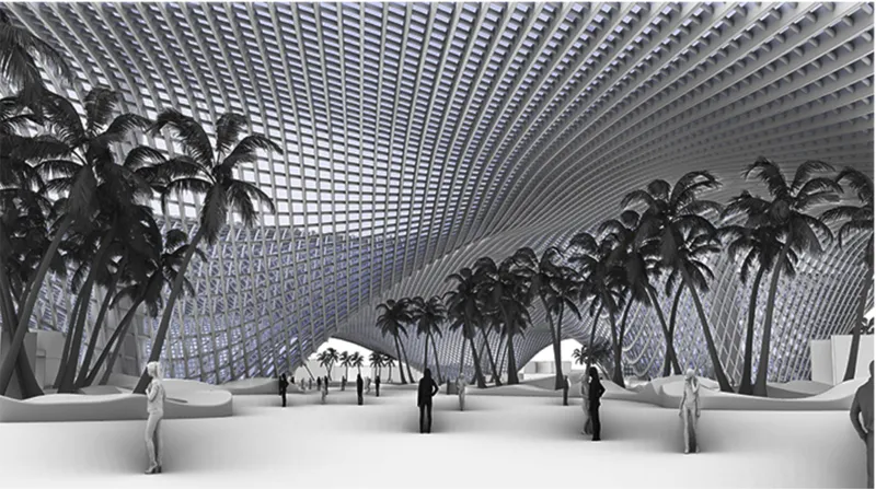Interior view of the diamond-patterned vaulted ceiling with clusters of palm trees and scattered figures below