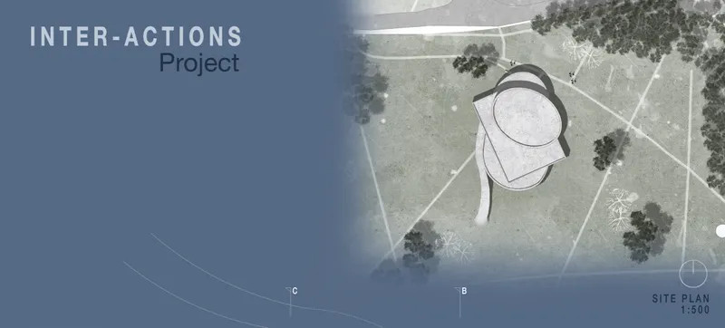 Site plan drawing showing a curving three-lobed structure nestled among trees on a grid