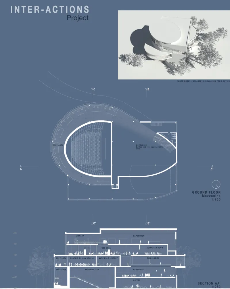 Ground floor plan and cross-section drawing revealing interior circulation and mezzanine levels