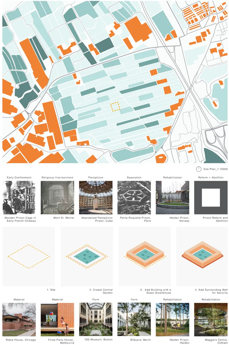 Site plan drawing showing building footprints in orange and teal across a neighborhood block