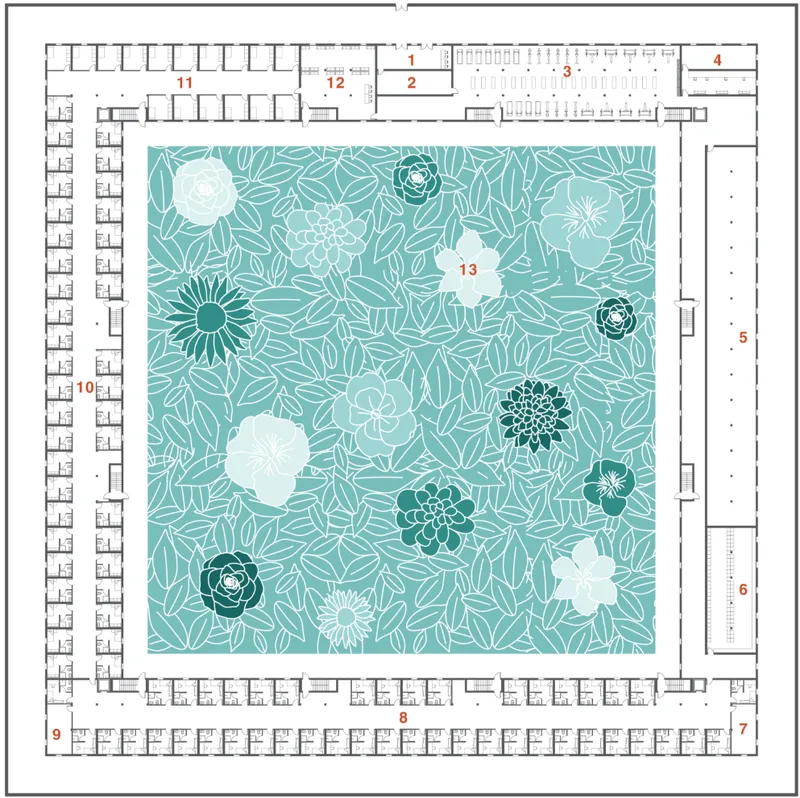 Floor plan drawing showing rooms arranged around a central courtyard with floral pattern paving
