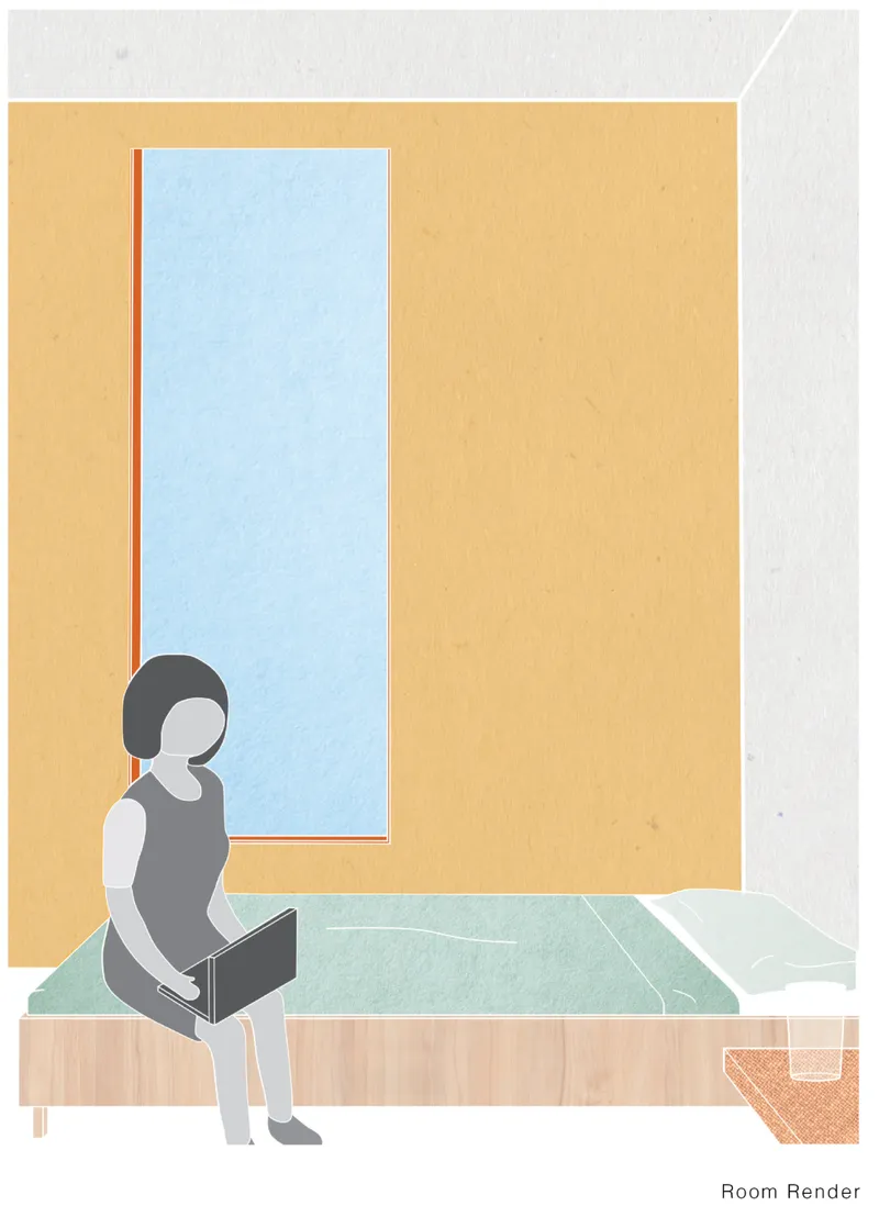 Illustration of a seated figure with a laptop beside a tall window in a yellow-walled room