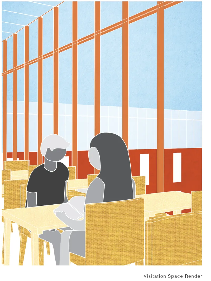 Illustration showing two figures at timber tables with orange structural columns framing glazed walls