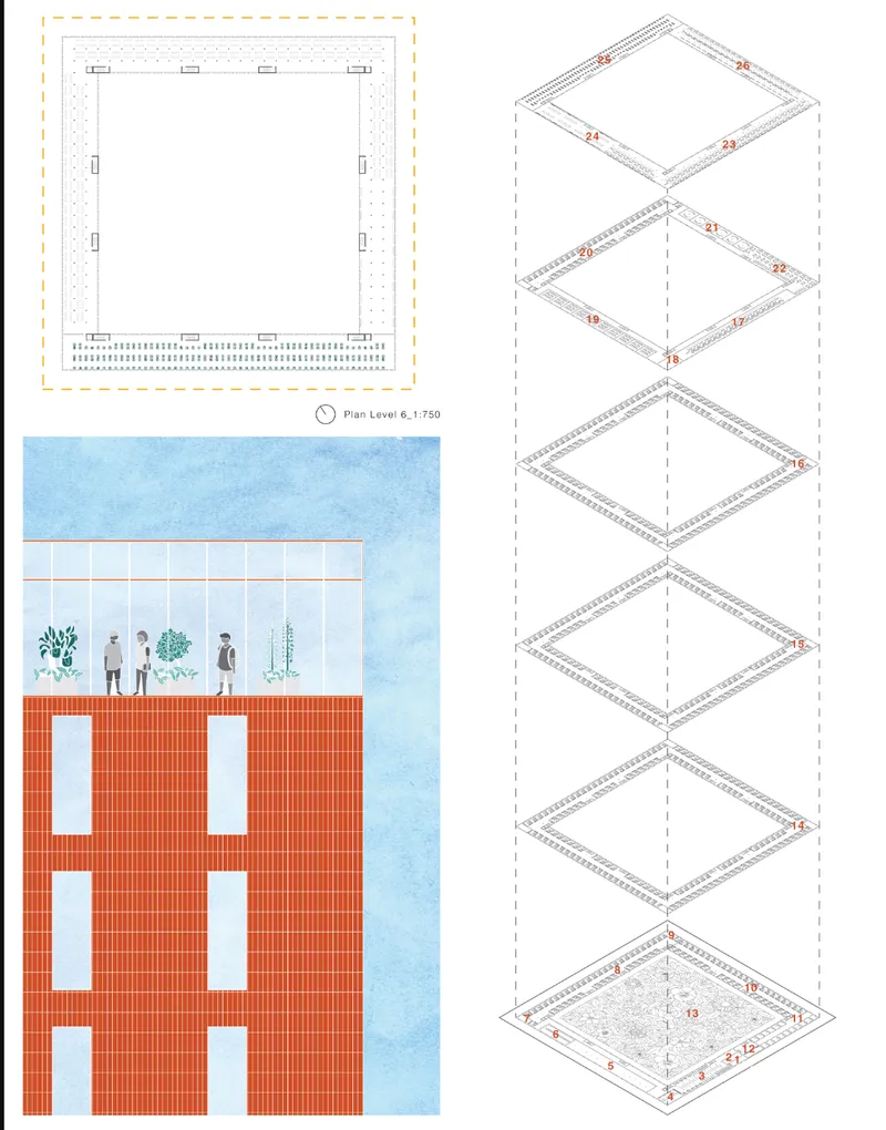 Exploded axonometric drawing showing stacked floor plates and a plan view of the building layout