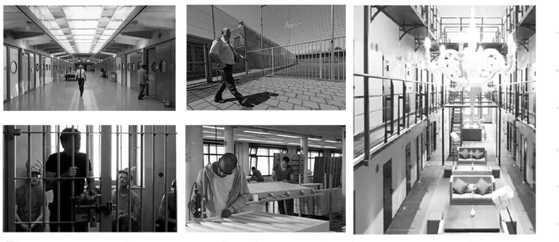 Collage of institutional interior views showing corridors with figures and multi-level cell blocks