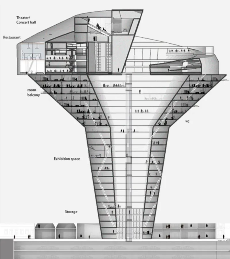Section drawing of a tower structure with labeled programs including theater, restaurant, and exhibition space