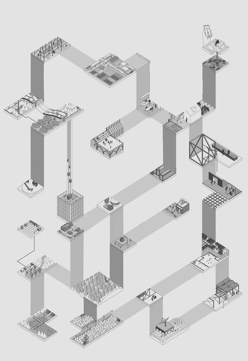 Axonometric drawing showing multiple platform levels connected by vertical towers with varied spatial programs