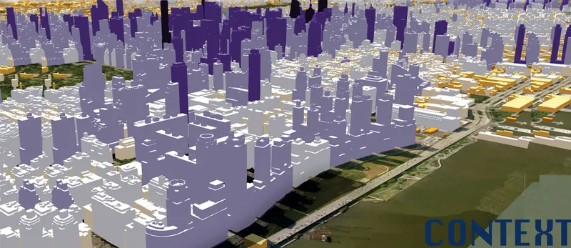 Axonometric drawing showing dense urban blocks with proposed waterfront development highlighted in golden tones