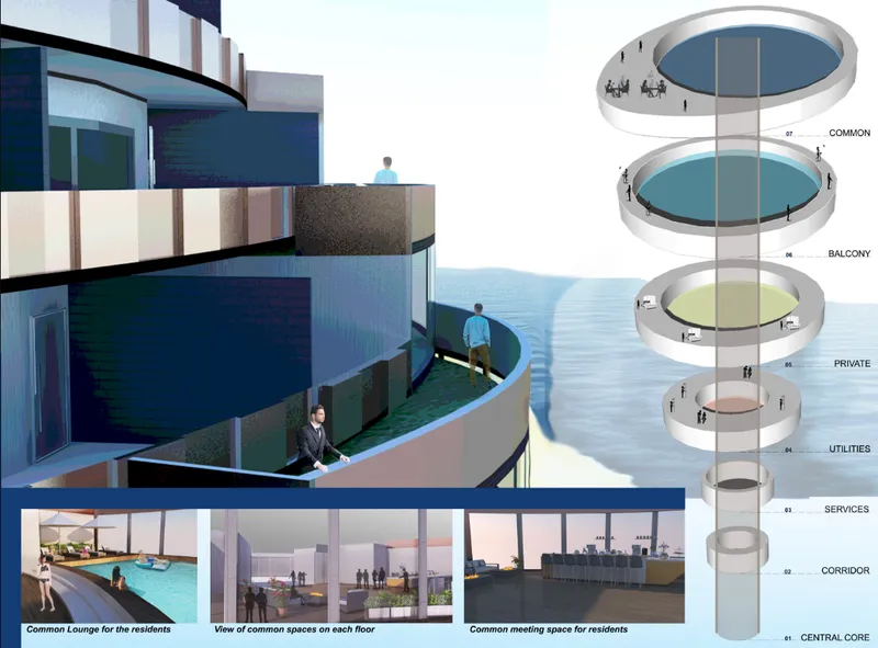 Exploded axonometric diagram showing stacked circular floor plates from services level to rooftop common space