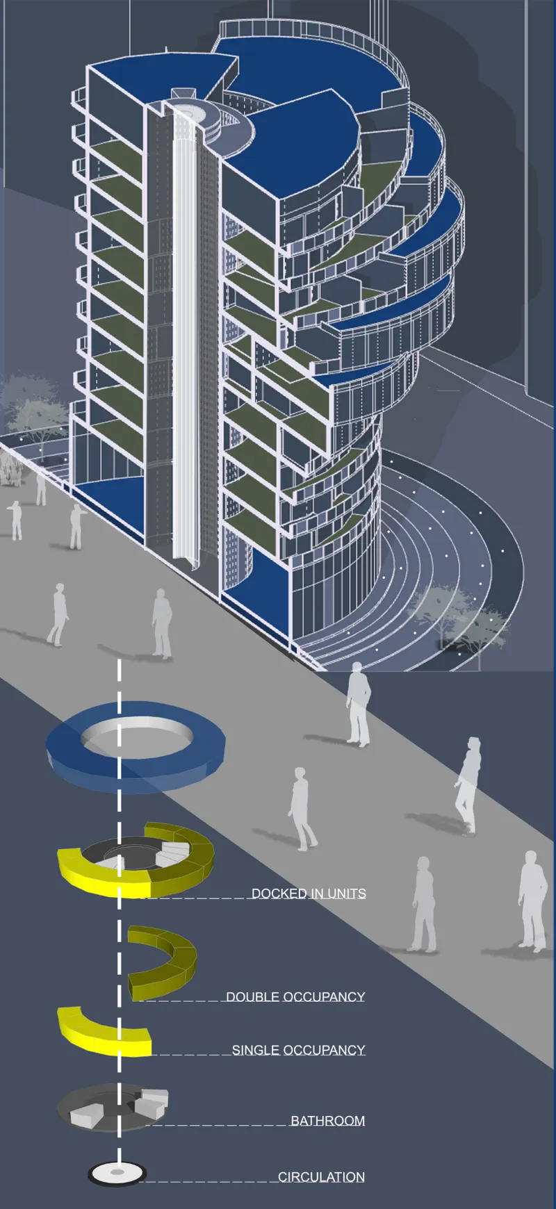 Isometric section drawing of a spiraling tower showing unit types from circulation core to balconies