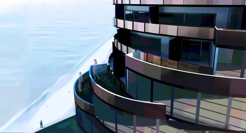 Curved balconies with glass railings wrapping around the tower facade overlooking still water at dusk