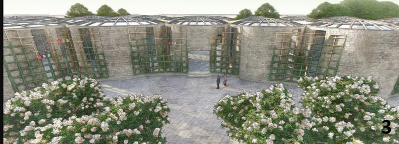 Courtyard rendering with curved brick walls, vertical green trellises and flowering rose beds with figure