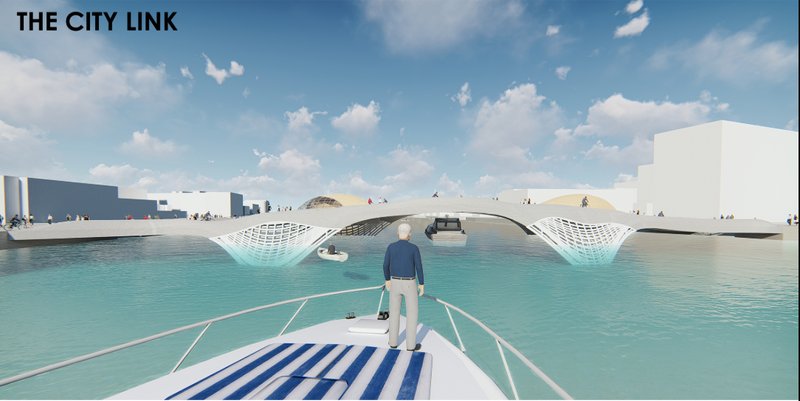 Pedestrian bridge with latticework catenary structure spanning turquoise water under scattered daytime clouds