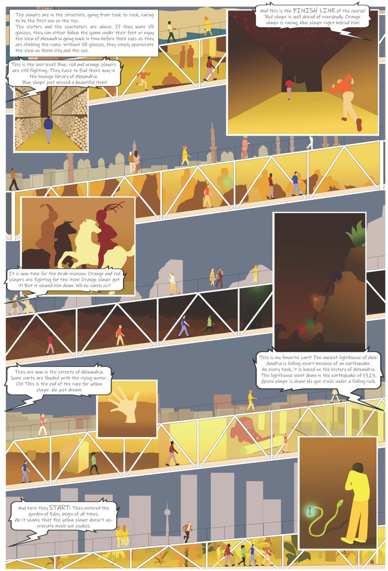 Illustrated storyboard showing figures navigating angular yellow interior spaces with triangular skylights and doorways