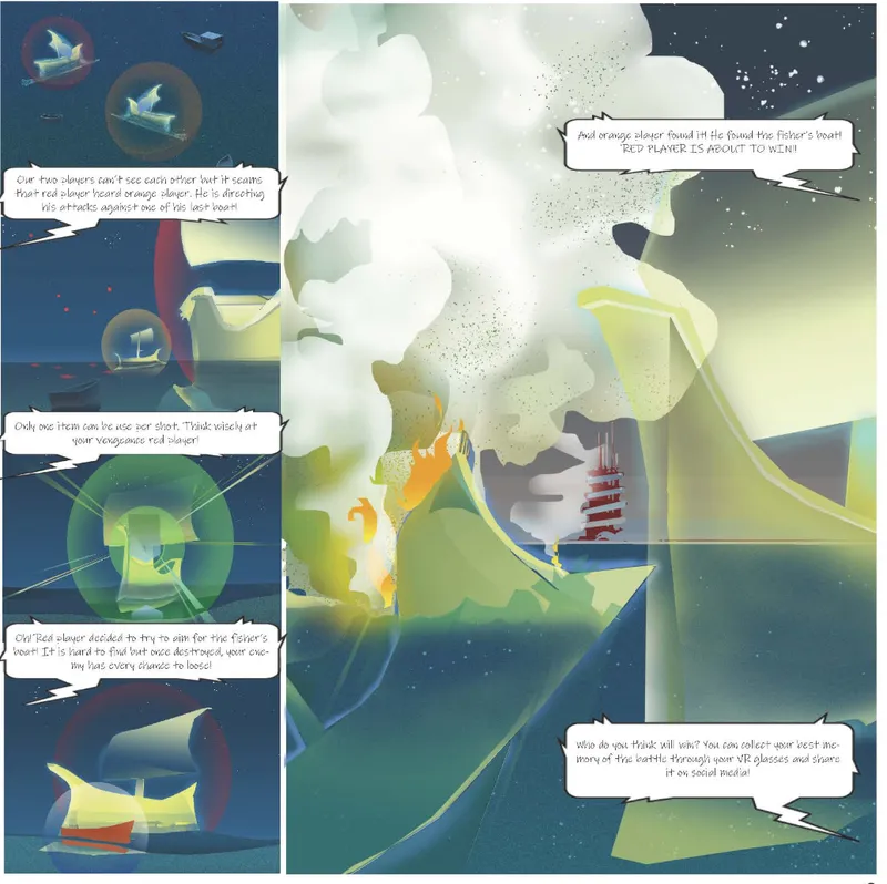 Illustrated sequence showing translucent dome structures and curved pathways in a surreal landscape