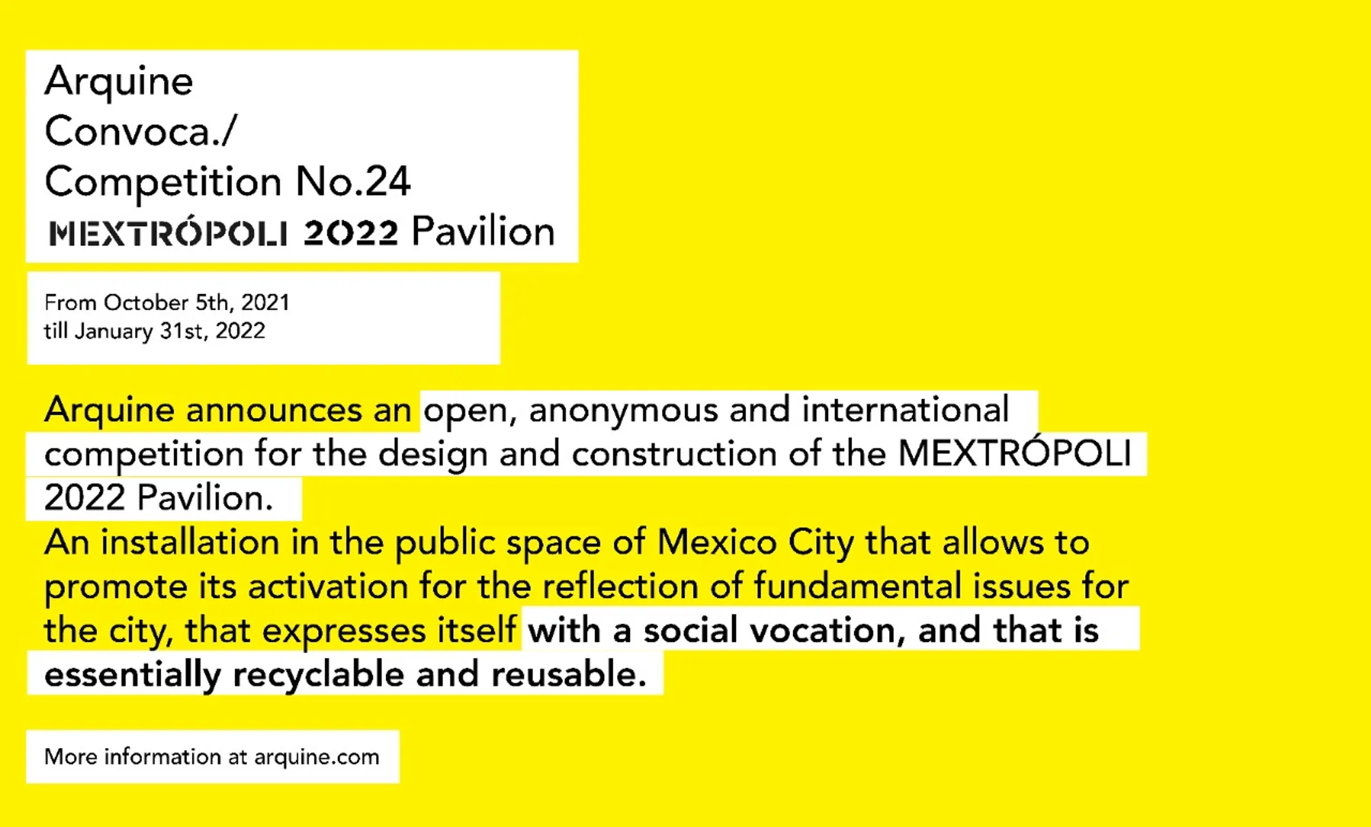 Arquine Competition No. 24 | MEXTRÓPOLI 2022 Pavilion