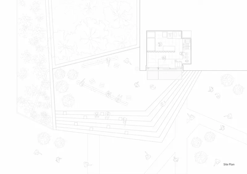Site plan drawing showing the kiosk footprint and terraced steps in landscape context