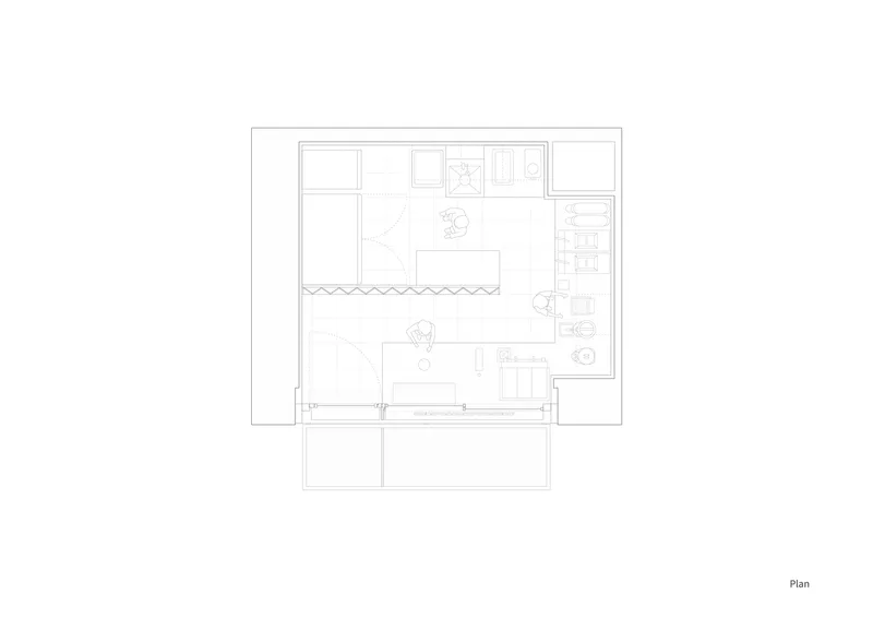 Floor plan drawing showing the compact service counter and interior layout