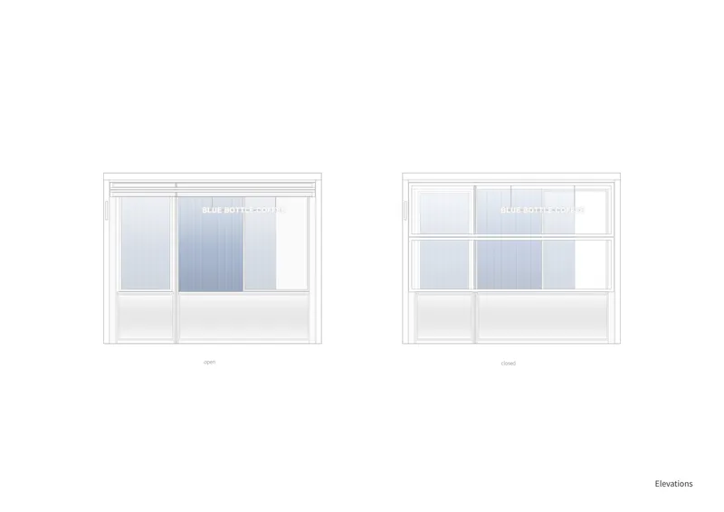 Elevation drawings of two window configurations with translucent panels in open and closed positions