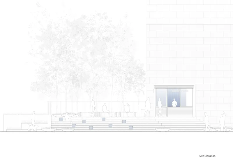 Site elevation drawing showing a pavilion with stepped plaza and surrounding trees with figures
