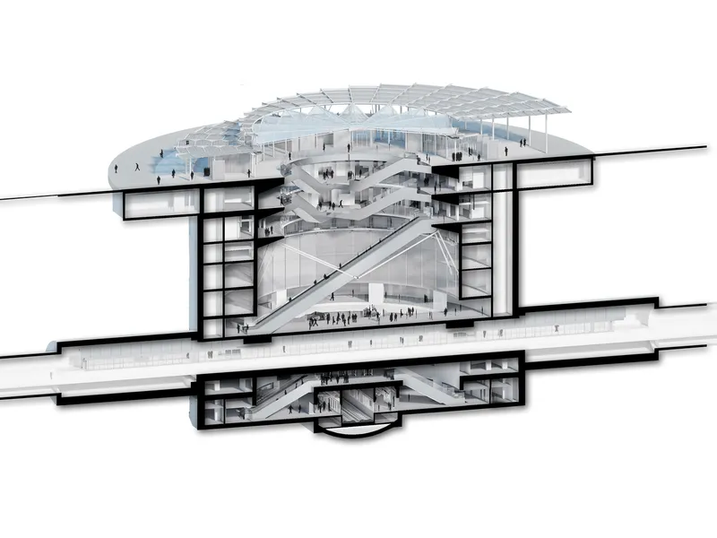 Sectional drawing revealing multi-level interior spaces with escalators beneath a canopy roof structure