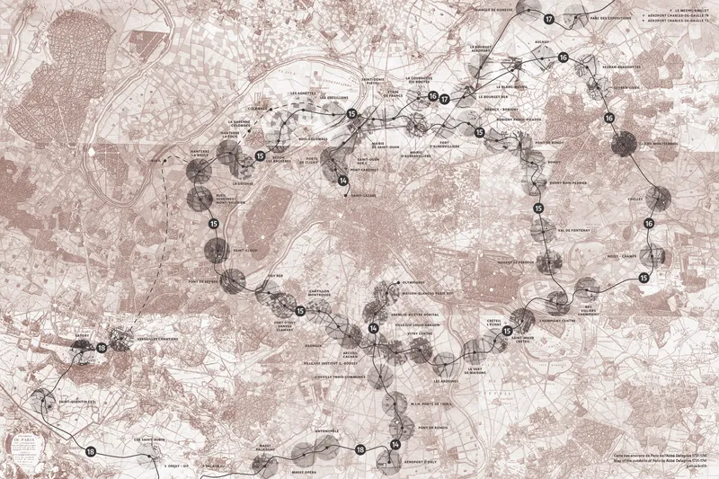 Urban plan drawing showing a network of numbered sites connected across the metropolitan area