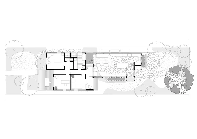 Ground floor plan drawing showing interior rooms and a landscaped garden with trees