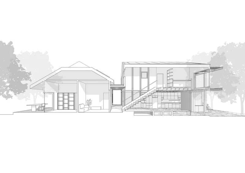Section drawing showing interior spaces with a staircase connecting two volumes beneath trees