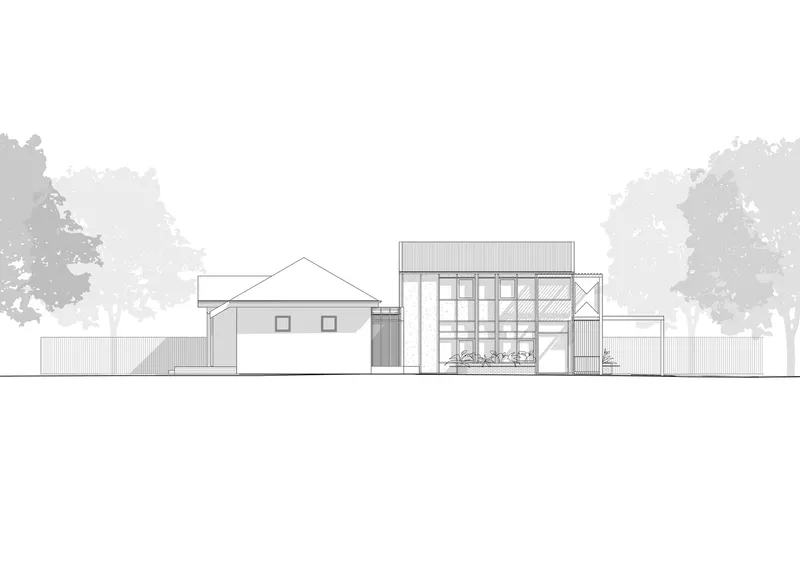 Elevation drawing showing a pitched roof cottage adjacent to a glazed addition with trees