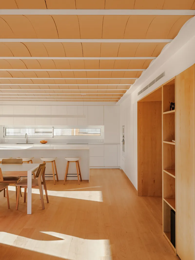 Open kitchen and dining area with white galley kitchen, timber shelving, and plywood ceiling in afternoon light