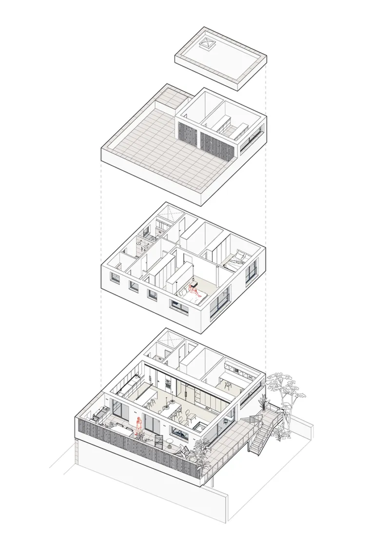 Exploded axonometric drawing showing four levels including roof terrace, interior rooms and exterior stairs