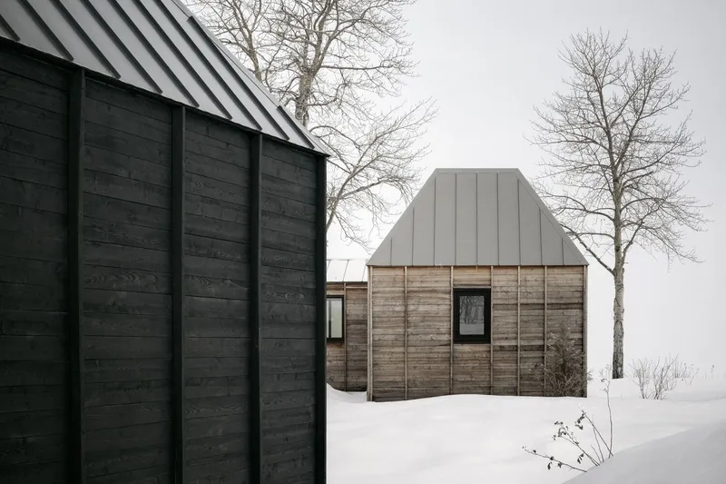 Two interconnected volumes with horizontal wood siding and metal roofs in deep snow