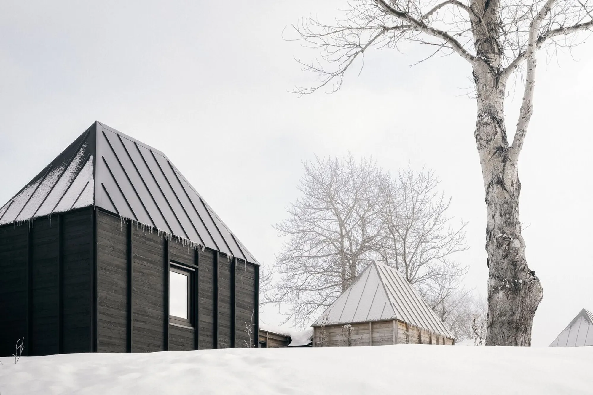 Delordinaire Lifts Prefabricated Larch Cabins on Stilts Above a Frozen Quebec Lakeshore