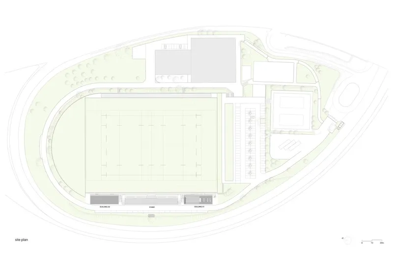 Site plan drawing showing a large rectangular playing field with parking and surrounding landscape