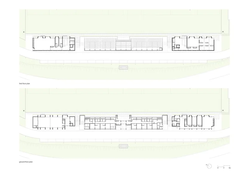 Floor plan drawings showing first and second levels of a linear building with clustered rooms
