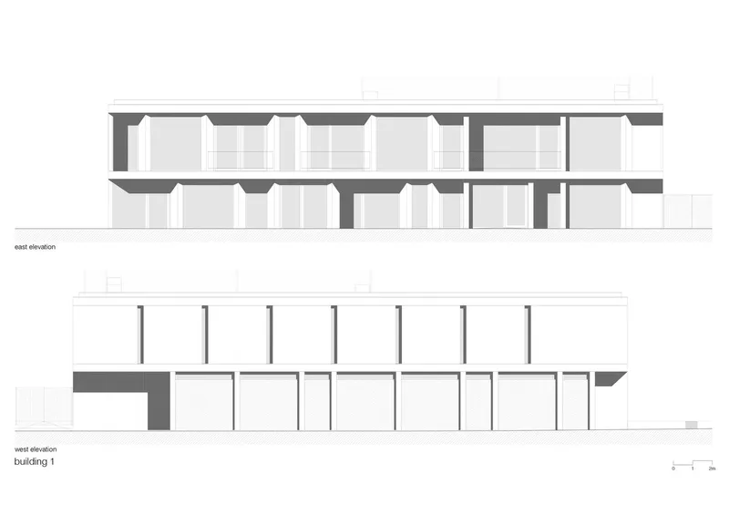 Elevation drawings showing east and west facades of a two-story building with repeating window bays