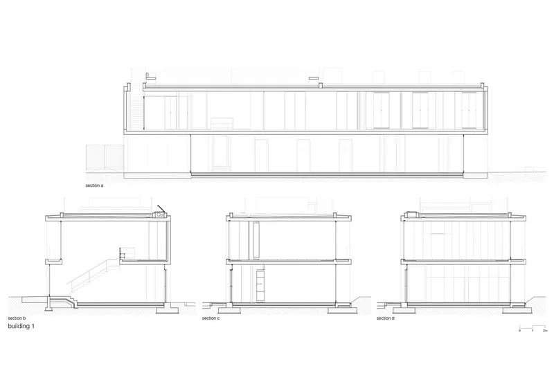Section drawings showing a two-storey building with flat roof and staircase connection between levels