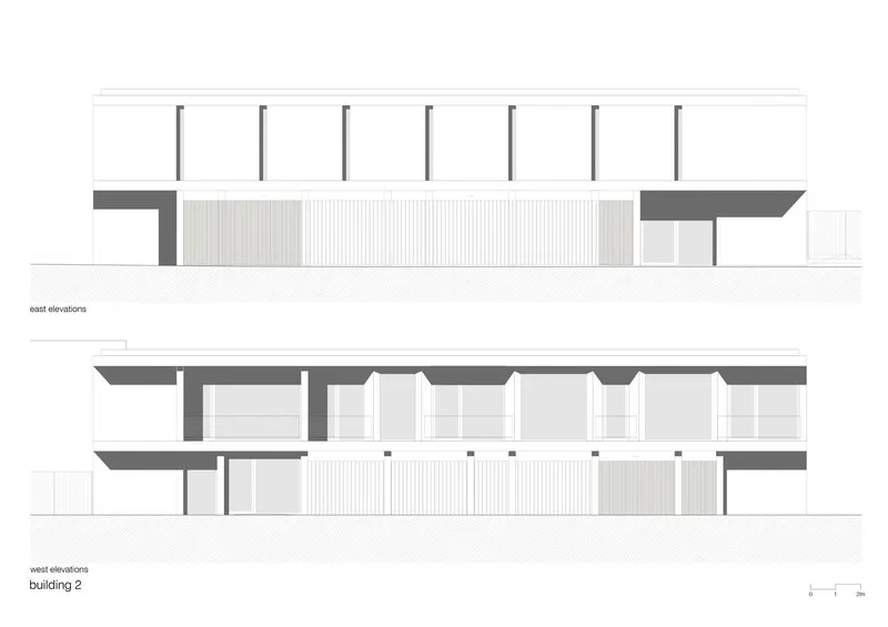 Elevation drawings displaying vertical slatted facade panels flanked by solid volumes with projecting roof overhangs