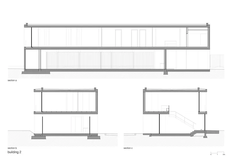 Section drawings revealing interior spaces with vertical screening elements and external staircase in one volume