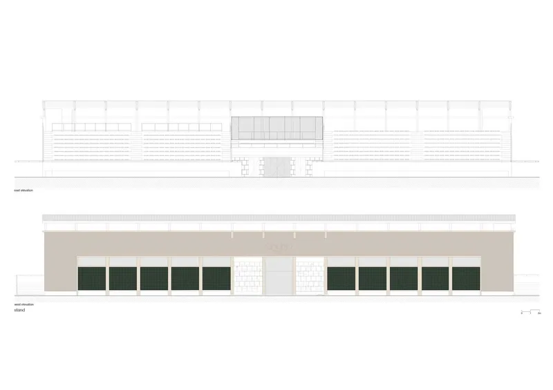 Elevation drawings featuring horizontal louvers above and alternating dark and light glazed bays below