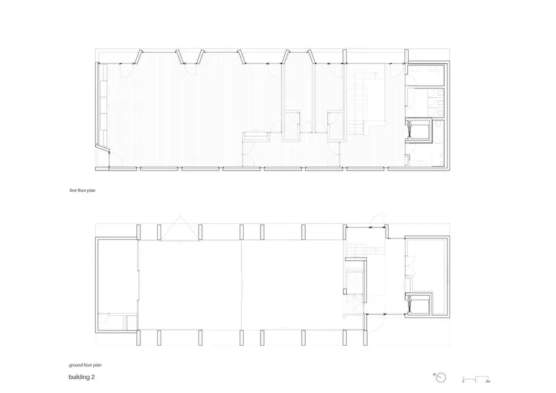 Floor plan drawings showing open-plan layouts with regularly spaced columns and service cores at one end