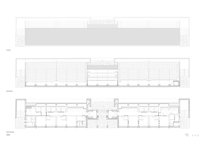 Roof plan and floor plan drawings depicting a symmetrical linear building with central circulation spine