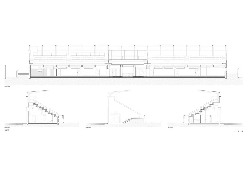 Section drawings showing a long low building with interior staircases and a central sloping passage
