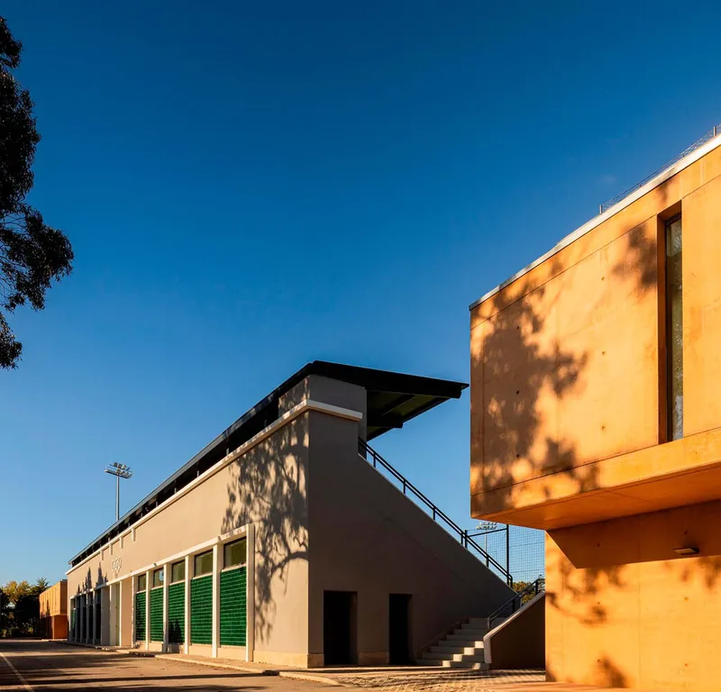 Sports facility facade with external stair and green metal shutters casting tree shadows at dusk