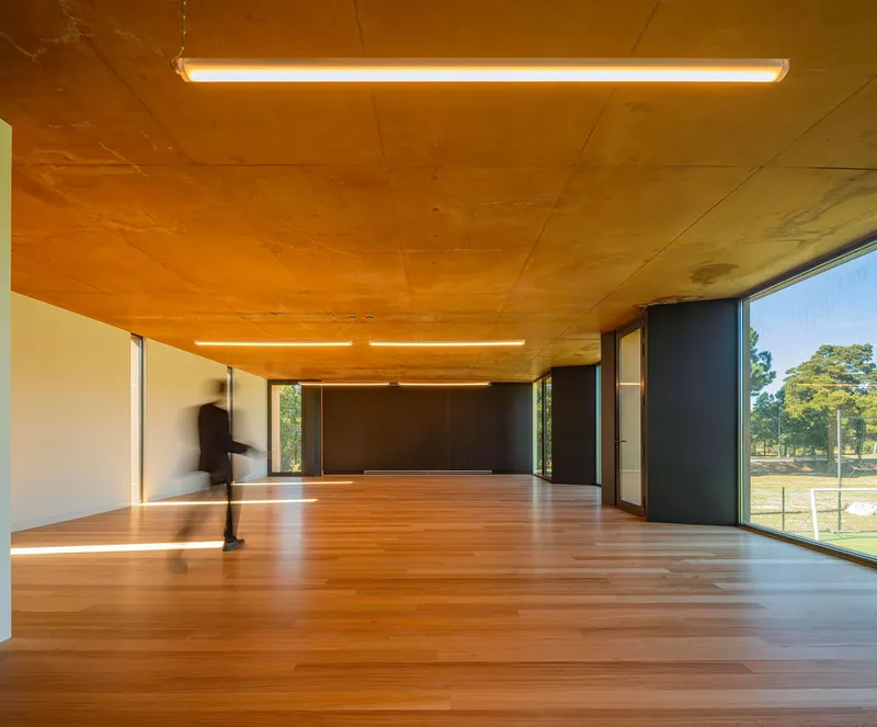 Open timber floor hall with plywood ceiling and figure in motion near floor-to-ceiling windows