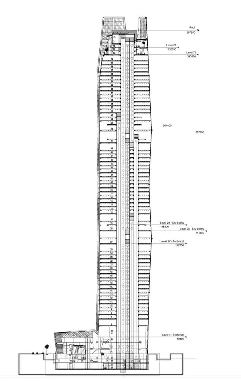 Building section drawing showing a slender residential tower with central core and floor plates