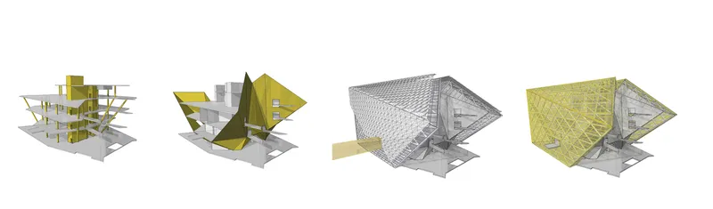 Isometric sequence showing building massing variations with yellow and grey material highlighting