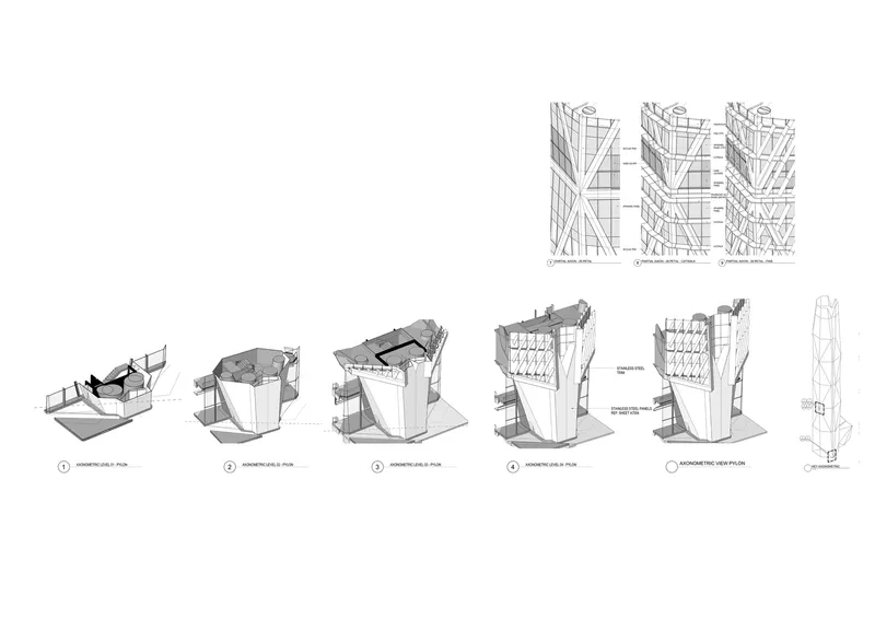 Isometric diagrams illustrating assembly sequence of angled rooftop structures and facade elements