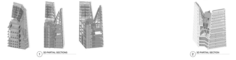 Partial section drawings revealing internal floor plates and diagrid exoskeleton from multiple angles